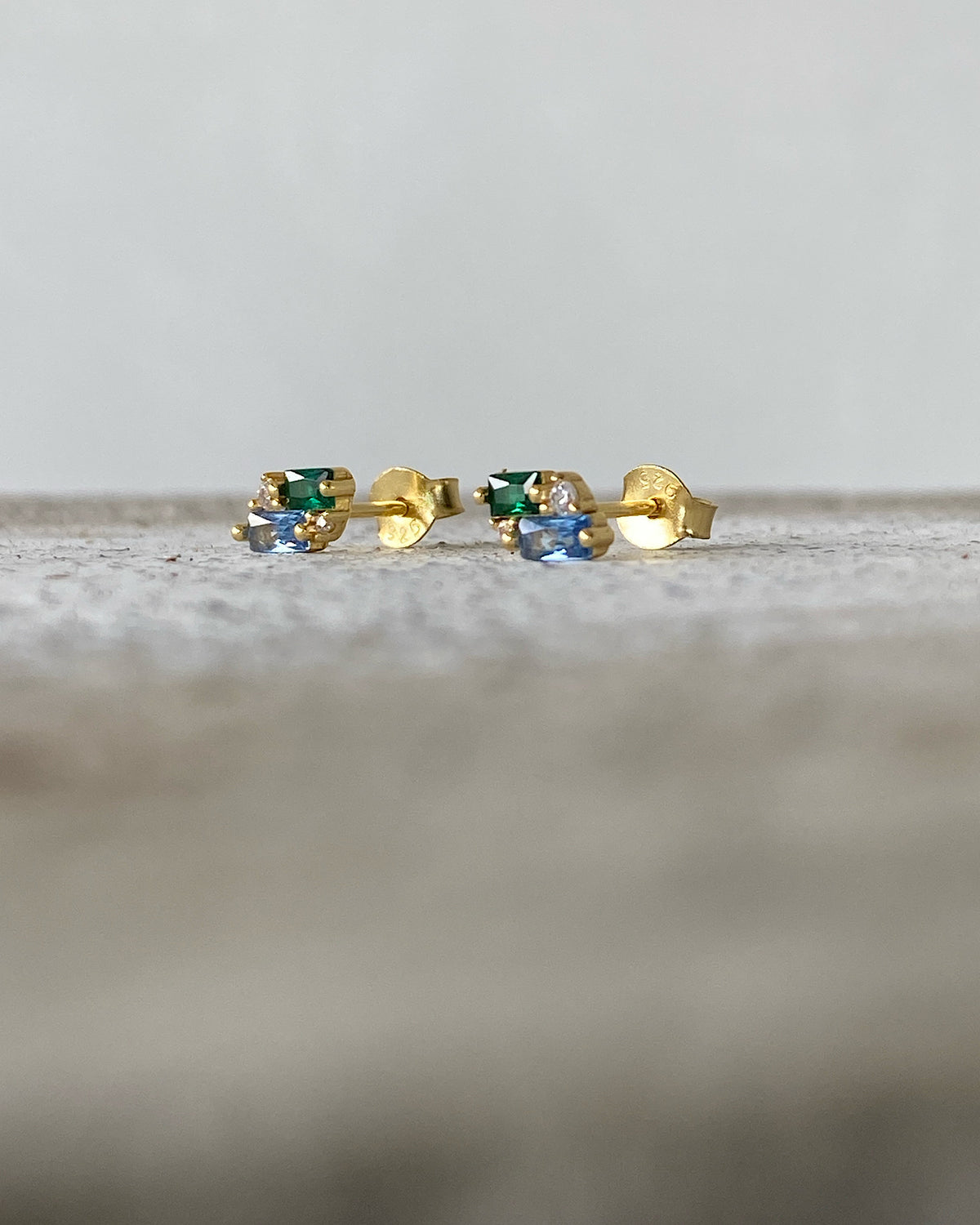 small gold and blue green crystal stud earrings