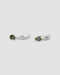 Silver bar curved earrings with mixed metal ring detail