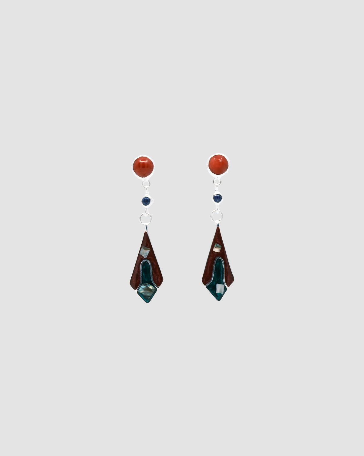 Red stud drop earrings featuring a upside down kite shaped charm with abalone and inlaid