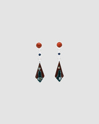 Red stud drop earrings featuring a upside down kite shaped charm with abalone and inlaid