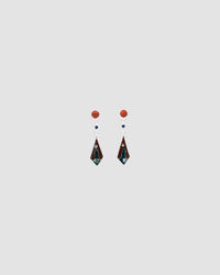 Red stud drop earrings featuring a upside down kite shaped charm with abalone and inlaid