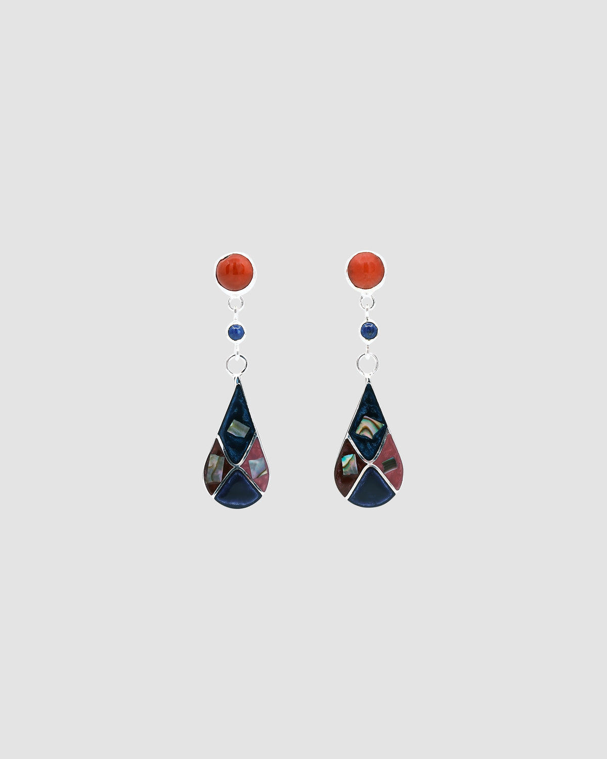 Coral and Sterling silver earrings with a multi coloured tear drop charm