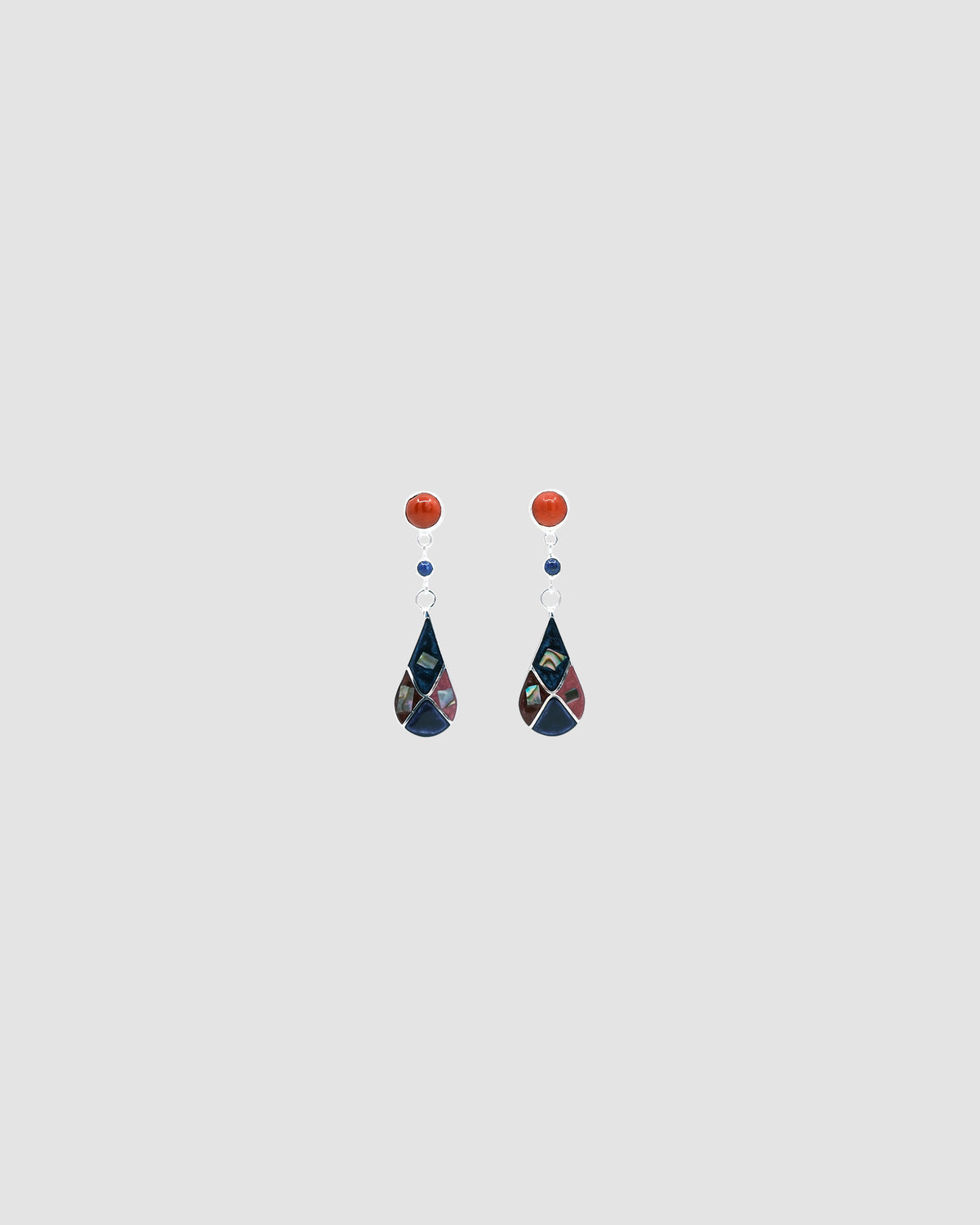 Coral and Sterling silver earrings with a multi coloured tear drop charm