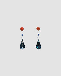 Silver & Coral stud earrings with a blue and blue tear charm hanging of them