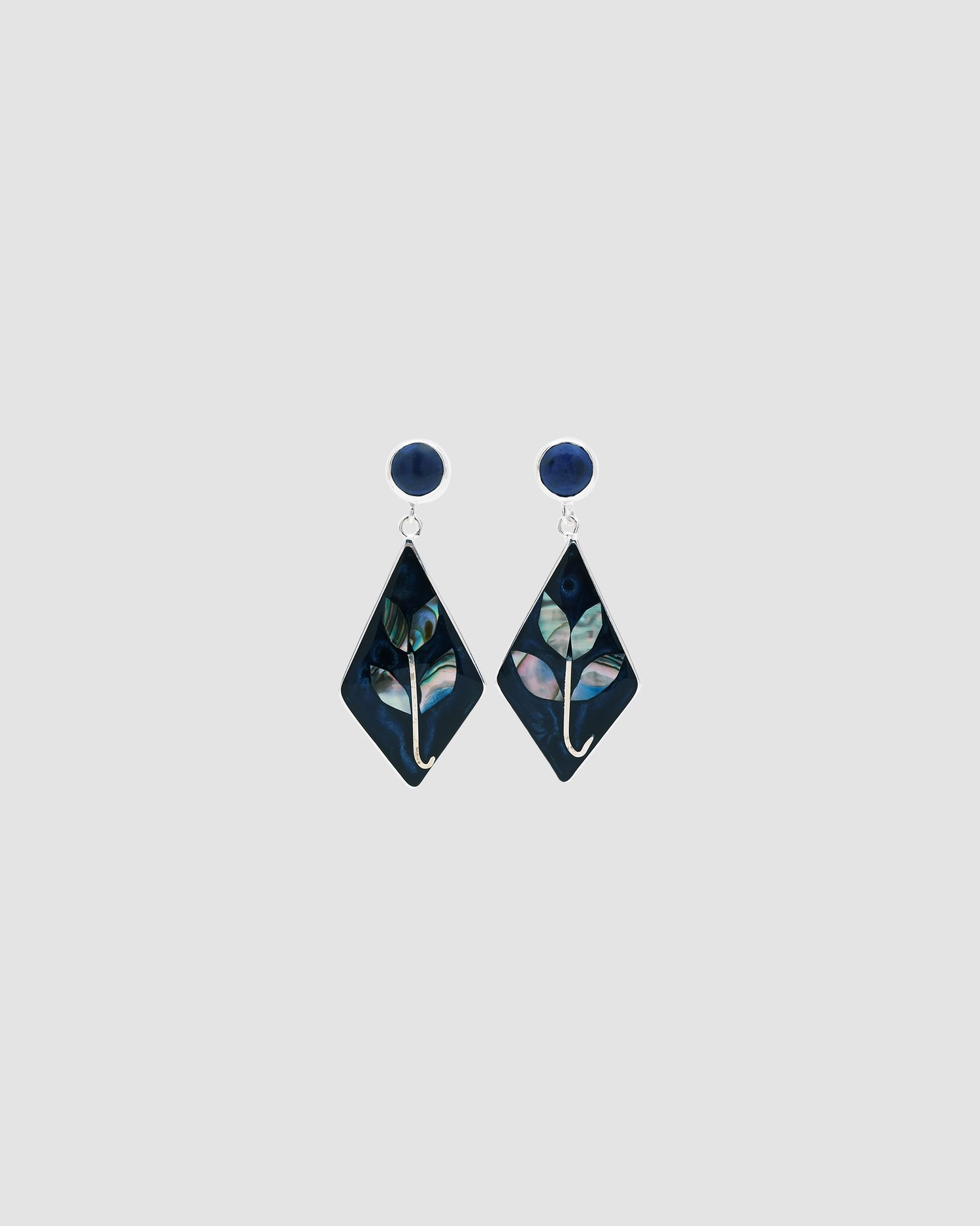 Navy coloured diamond shape drop earrings with abalone embellishment