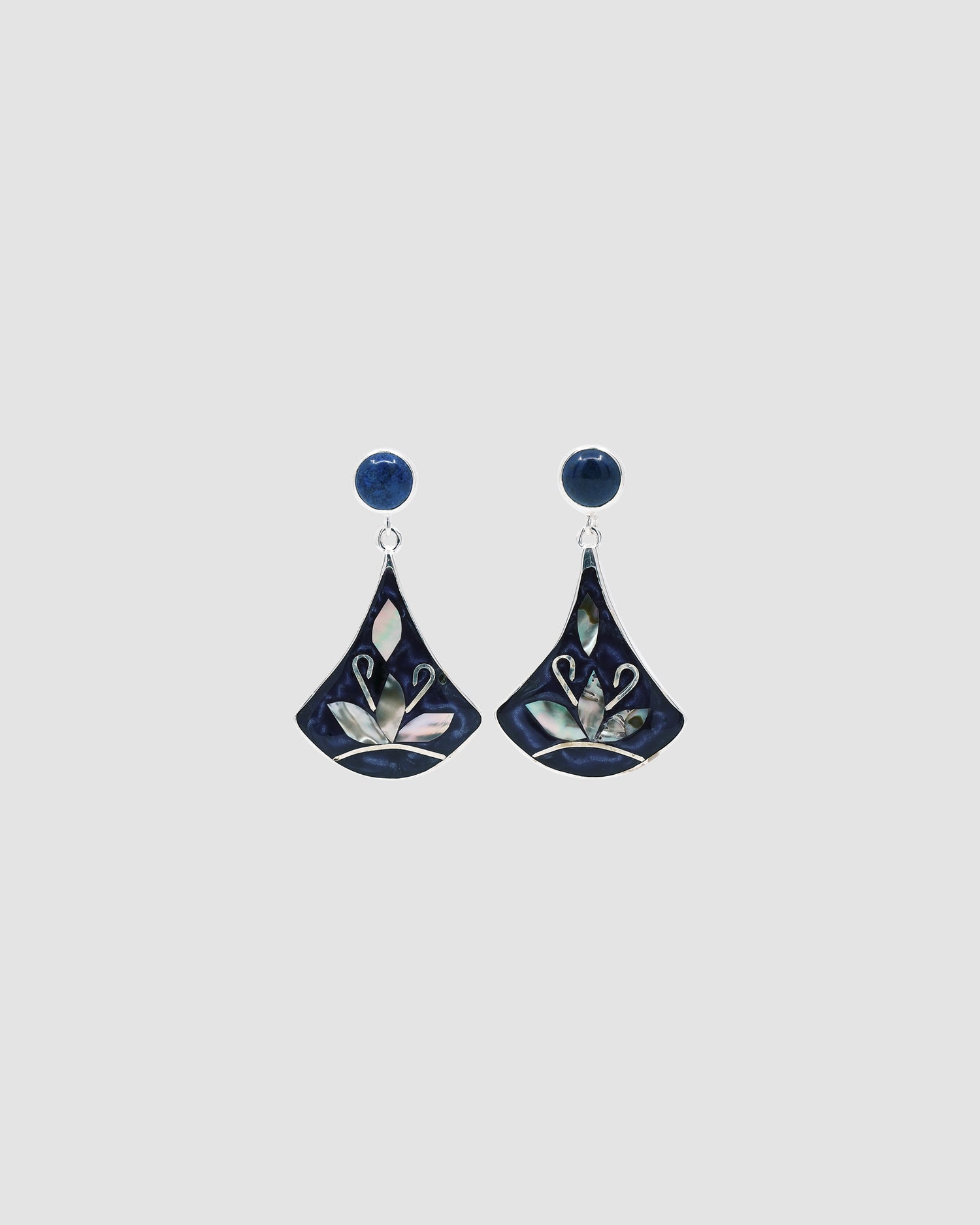 Navy coloured fan shape drop earrings with abalone embellishment