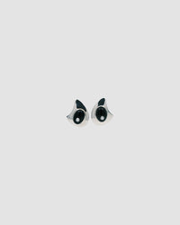 organic shaped silver earrings with a large onyx stone with a pearl centre