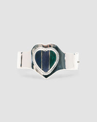 silver cuff bracelet with an inlaid heart striped blue, purple and green stone