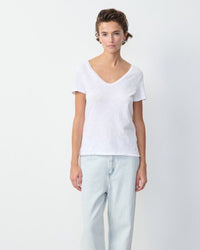 Person wearing a white v neck t-shirt and light blue jeans on a plain background