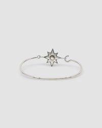 silver with mother or pearl inlaid star features on a thin silver wire clasp bracelet