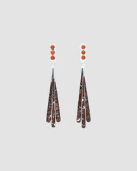 Silver Drop earrings featuring 3 coral beads and a hanging red abalone fan shaped pendant