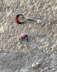 silver drop earrings with red, black & blue and shell drop charms and odd pearls on the drop 