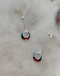 silver drop earrings with red, black & blue and shell drop charms and odd pearls on the drop 