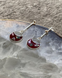 silver drop earrings with red and shell drop charms and odd pearls on the drop