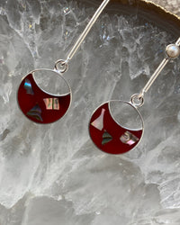 silver drop earrings with red and shell drop charms and odd pearls on the drop